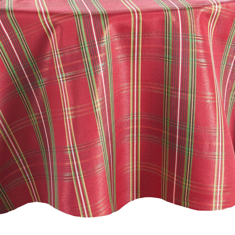 Elrene Home Fashions Shimmering Plaid Holiday Fabric Tablecloth, 60" x 84" Oval, Red - Image 1